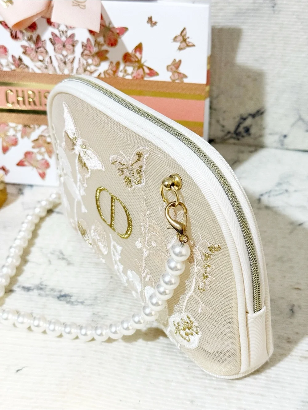 Dior Beauty Butterfly Floral Embroidered Mesh Pouch with Pearl Strap & Gift Bag